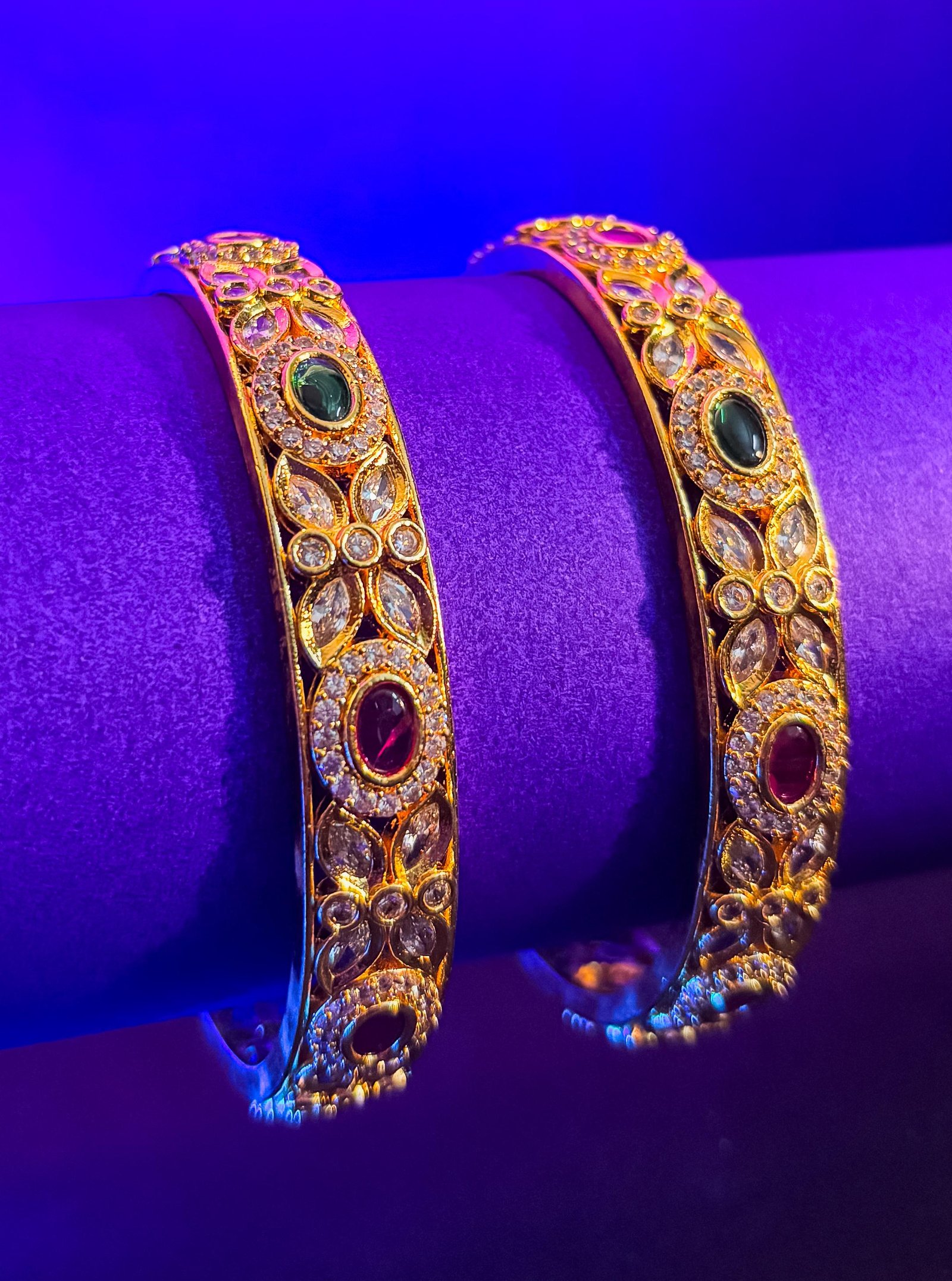 Emerald and Ruby Stone Gold-Plated Bangles with Crystals